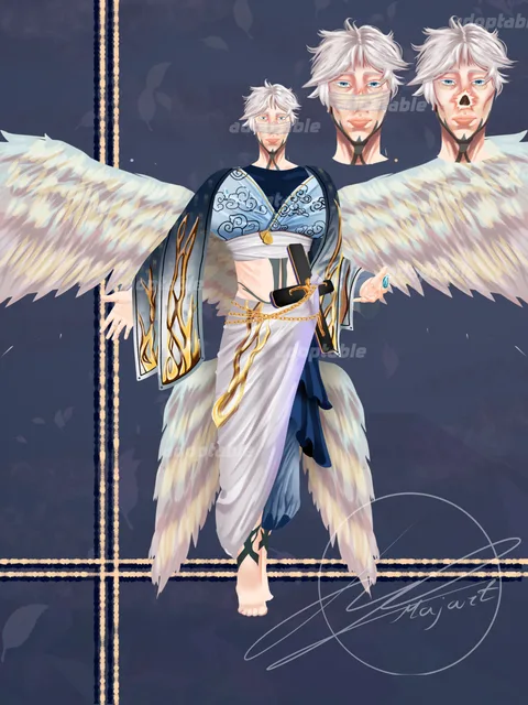 Ilustración digital de cuerpo entero de un personaje alado de pelo blanco con kimono estampado y, encima, tres estudios de expresión facial