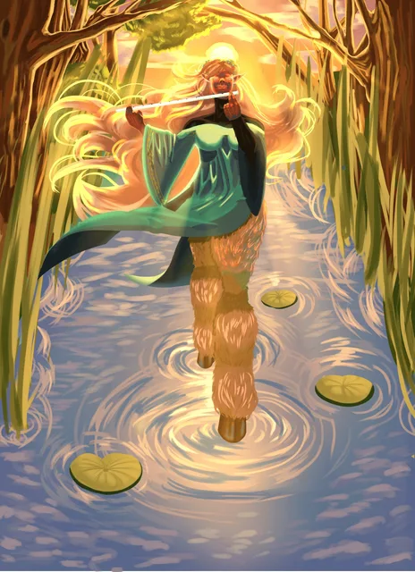 Full-body illustration of a long-haired figure playing a flute while walking through shallow water in a sunlit grove