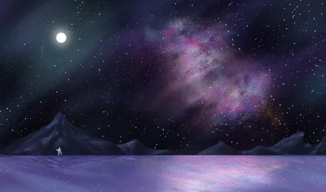 Night landscape with the Milky Way above snowy mountains and a small lone figure standing on the ice