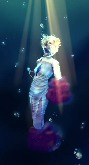 Ilustración de cuerpo entero de una figura rubia con vestido blanco hundiéndose bajo el agua junto a medusas rosas luminosas