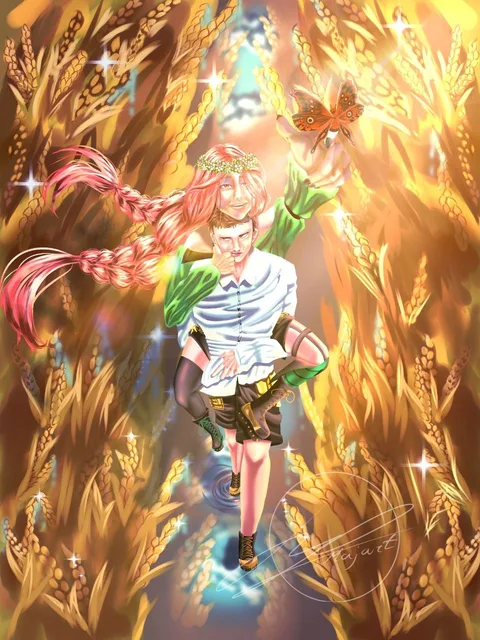 Ilustración de cuerpo entero de dos personajes en un trigal dorado, uno llevando al otro a hombros mientras pasa volando una mariposa