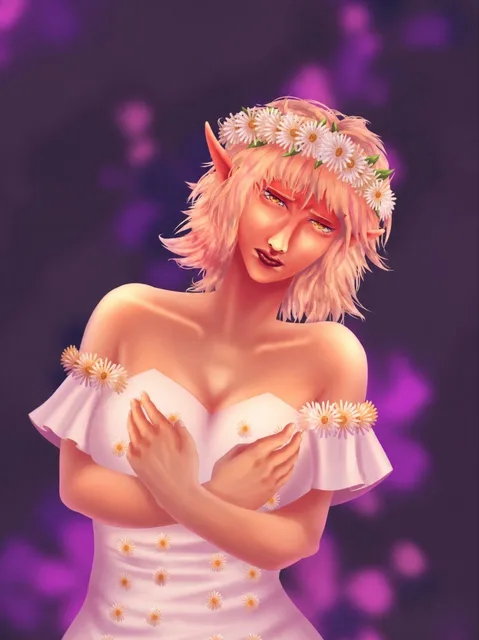 Retrato de medio cuerpo de una elfa de pelo rosa con vestido blanco de hombros descubiertos y una corona de margaritas