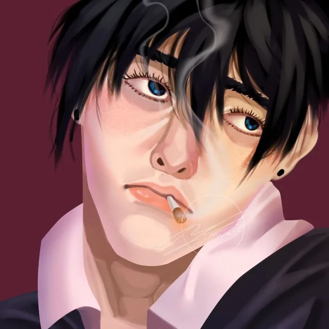 Retrato digital de cabeza y hombros de un personaje moreno de ojos azules fumando, sobre un fondo vino intenso