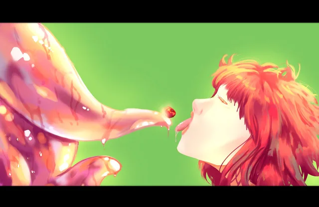 Profile portrait of a red-haired character reaching their tongue toward a translucent jellyfish tentacle on a bright green background